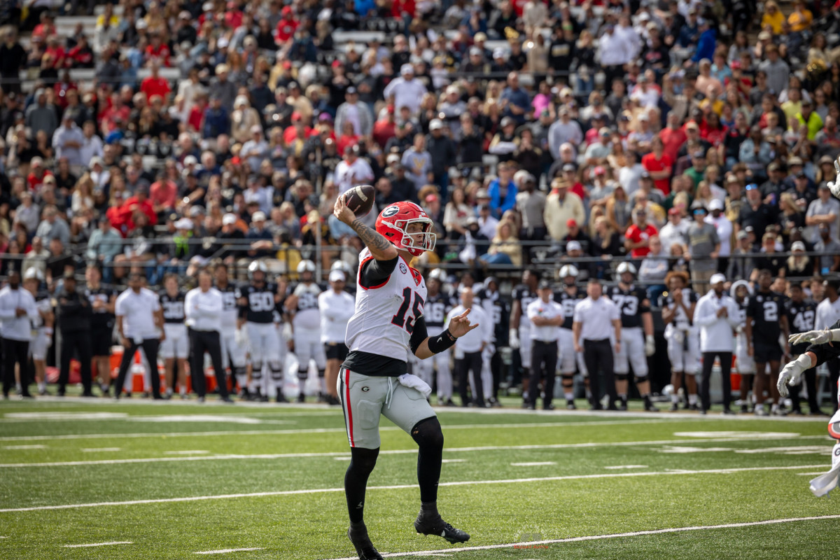 Carson Beck Throws for a completion on the road vs Vanderbilt / Photo Brooks Austin 